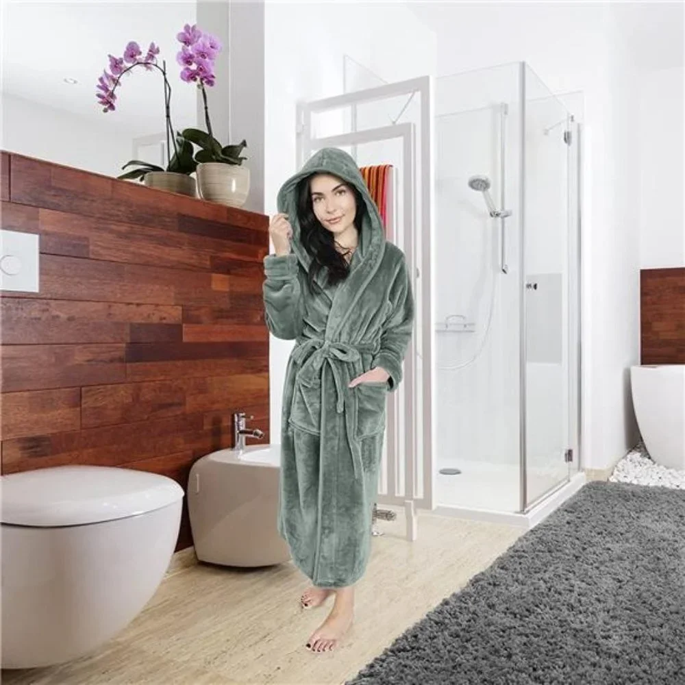 Women Fleece Hooded Bathrobe - Plush Long Robe, Gray
